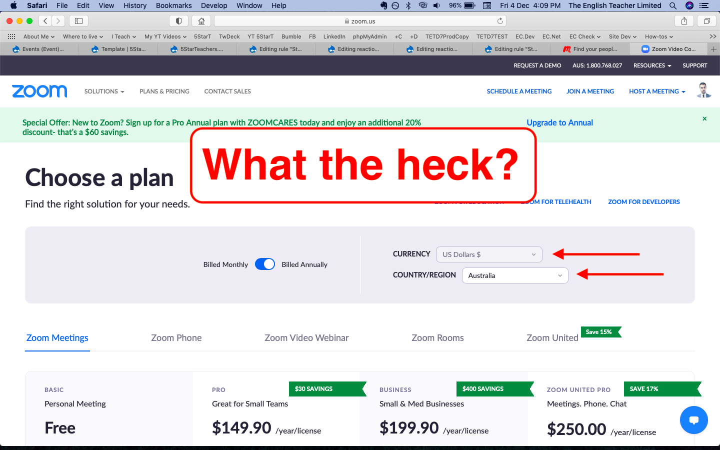 Screen shot from the Zoom interface showing a muted currency select dropdown whilst you can choose your country.